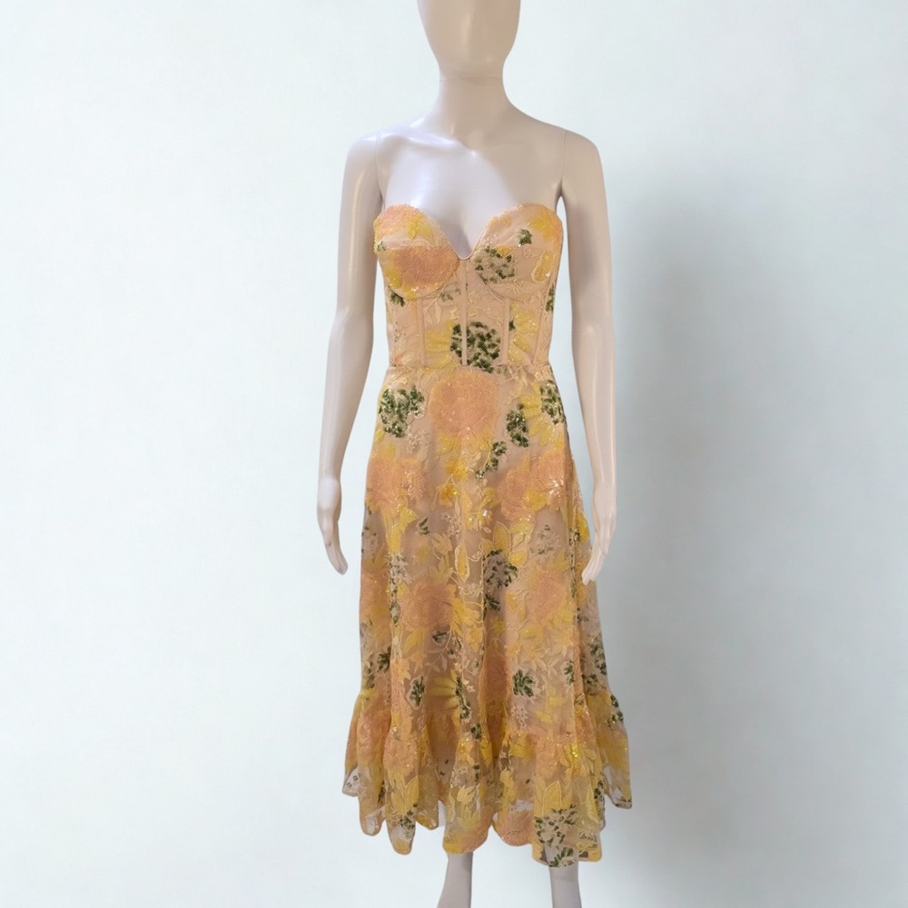 Dress the Population| Yellow Floral Lace and Sequined Midi Gown